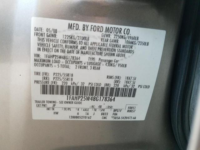 1FAHP25W48G178364 - 2008 FORD TAURUS LIM SILVER photo 10