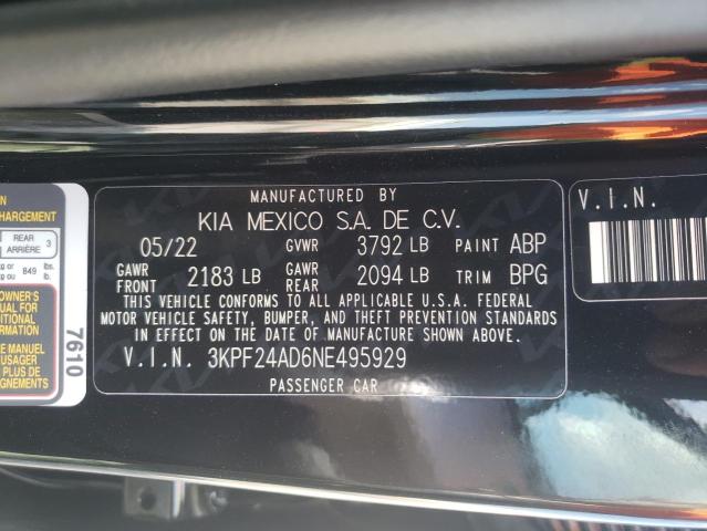 3KPF24AD6NE495929 - 2022 KIA FORTE FE BLACK photo 10