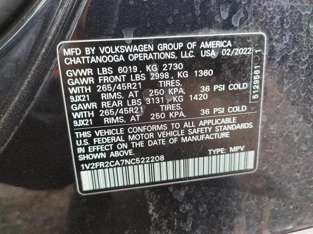 1V2FR2CA7NC522208 - 2022 VOLKSWAGEN ATLAS SEL Qara foto 10
