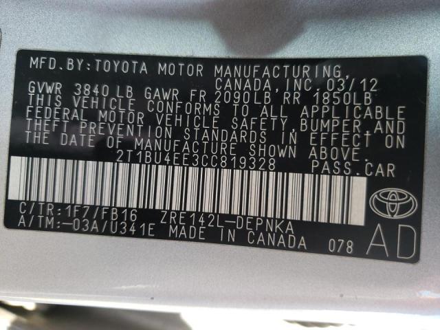 2T1BU4EE3CC819328 - 2012 TOYOTA CAROLLA SILVER photo 10