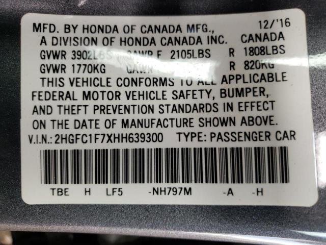 2HGFC1F7XHH639300 - 2017 HONDA CIVIC EXL Boz foto 10