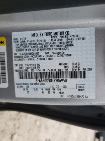 3FA6P0D98JR206950 - 2018 FORD FUSION TIT SILVER photo 10