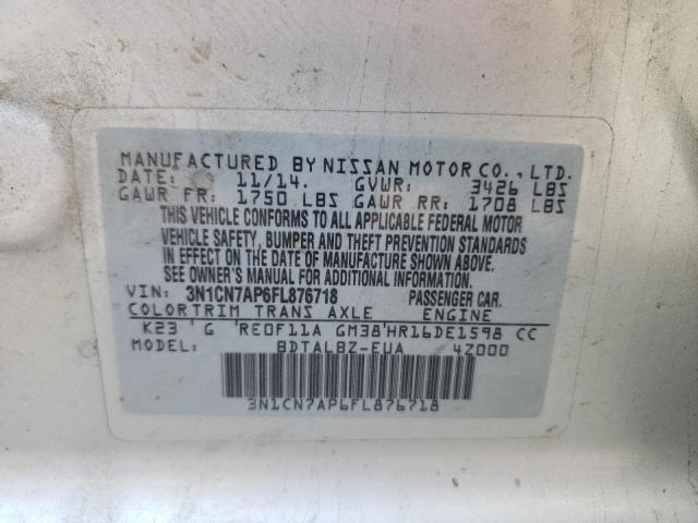 3N1CN7AP6FL876718 - 2015 NISSAN VERSA S SILVER photo 10