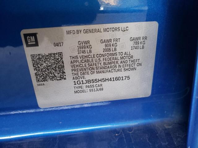 1G1JB5SH5H4160175 - 2017 CHEVROLET SONIC LS BLUE photo 10