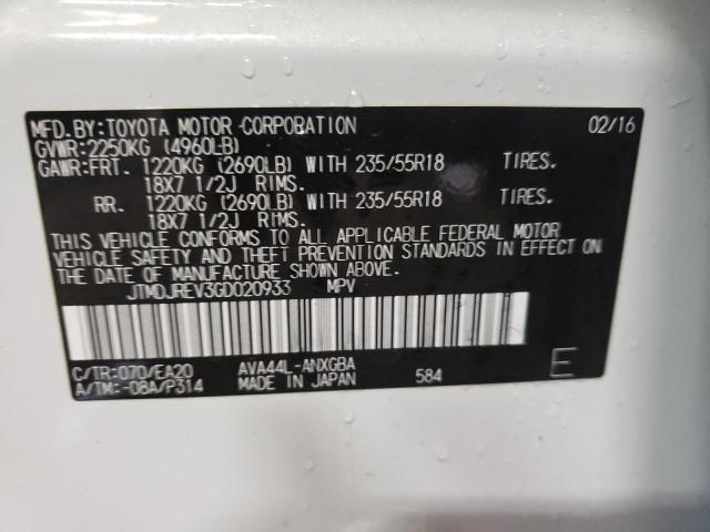 JTMDJREV3GD020933 - 2016 TOYOTA RAV4 HV LI WHITE photo 10