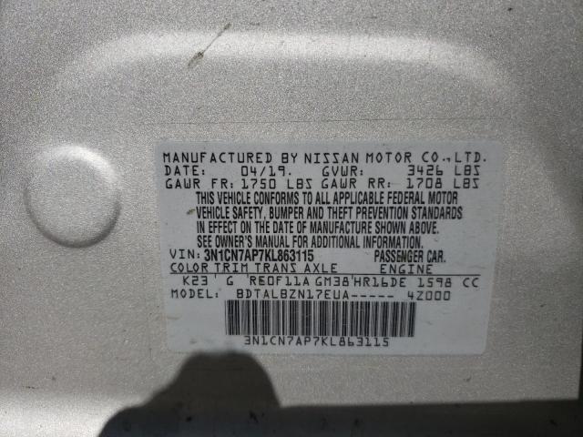 3N1CN7AP7KL863115 - 2019 NISSAN VERSA S SILVER photo 10