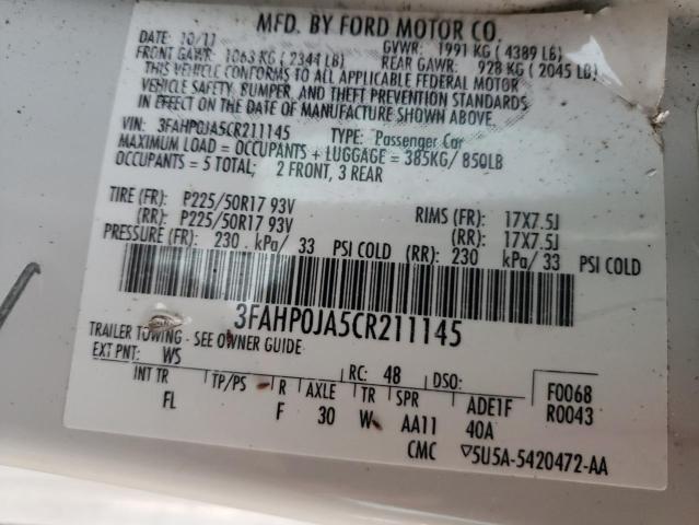 3FAHP0JA5CR211145 - 2012 FORD FUSION SEL WHITE photo 10