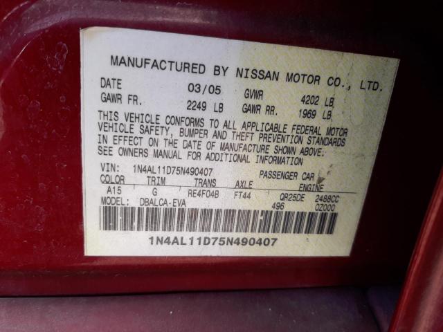 1N4AL11D75N490407 - 2005 NISSAN ALTIMA S RED photo 10