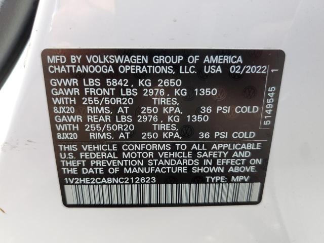 1V2HE2CA8NC212623 - 2022 VOLKSWAGEN ATLAS CROS Белый фото 10