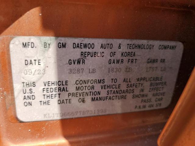 KL1TD66677B731398 - 2007 CHEVROLET AVEO BASE ORANGE photo 10