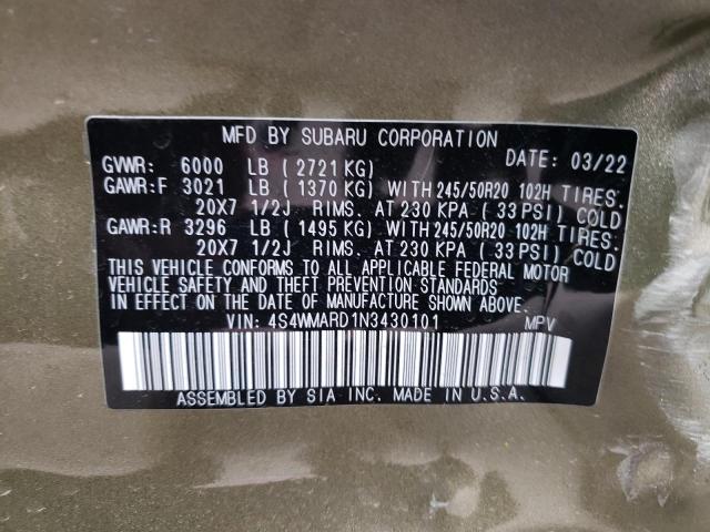 4S4WMARD1N3430101 - 2022 SUBARU ASCENT TOU GREEN photo 10