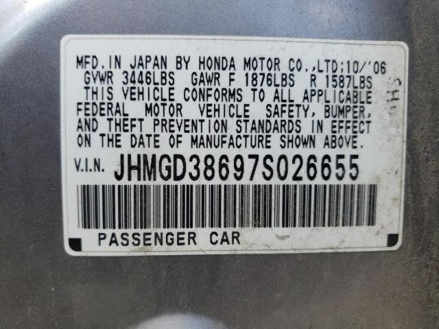 JHMGD38697S026655 - 2007 HONDA FIT S SILVER photo 10