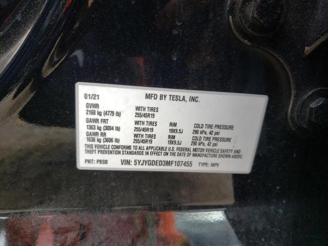 5YJYGDED3MF107455 - 2021 TESLA MODEL Y أسود صورة 10
