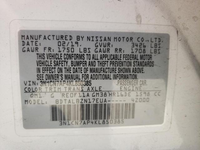 3N1CN7AP4KL850385 - 2019 NISSAN VERSA S WHITE photo 10