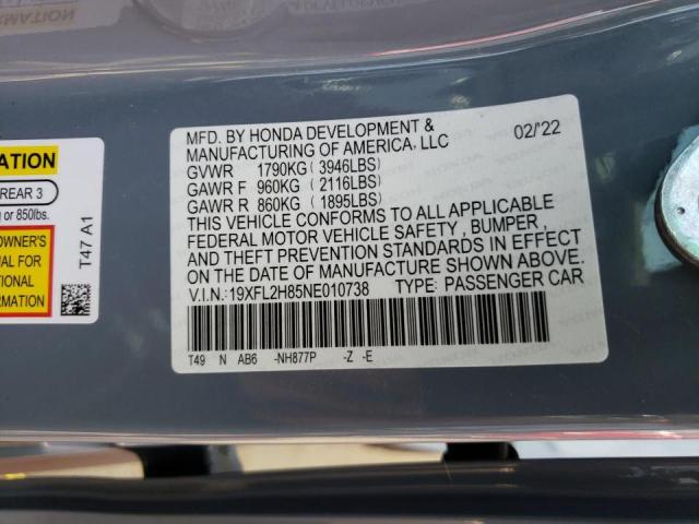 19XFL2H85NE010738 - 2022 HONDA CIVIC SPOR GRAY photo 10