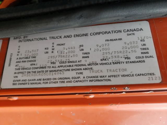 2HSCNSCR05C014945 - 2005 INTERNATIONAL 9400 9400I ORANGE photo 10