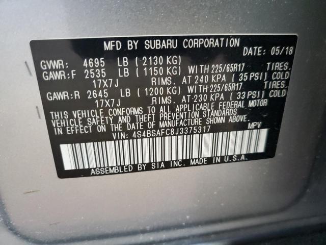 4S4BSAFC8J3375317 - 2018 SUBARU OUTBACK 2. SILVER photo 10