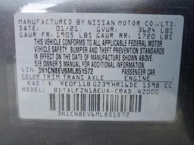 3N1CN8EV6ML851572 - 2021 NISSAN VERSA SV GRAY photo 10