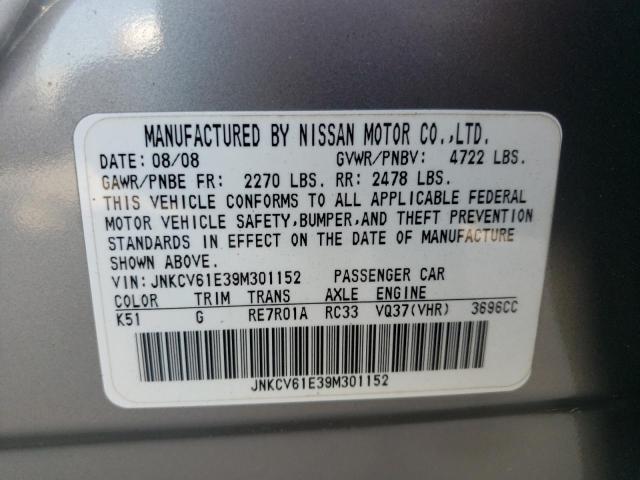 JNKCV61E39M301152 - 2009 INFINITI G37 BASE GRAY photo 10