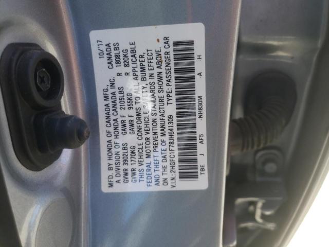 2HGFC1F78JH641309 - 2018 HONDA CIVIC EXL Gümüş foto 10