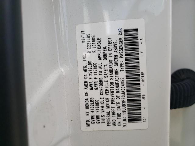 19UUB3F53JA004055 - 2018 ACURA TLX TECH WHITE photo 10