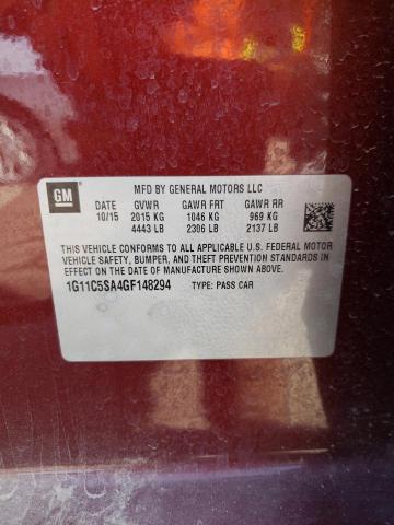 1G11C5SA4GF148294 - 2016 CHEVROLET MALIBU LIM 勃艮第红 照片 10