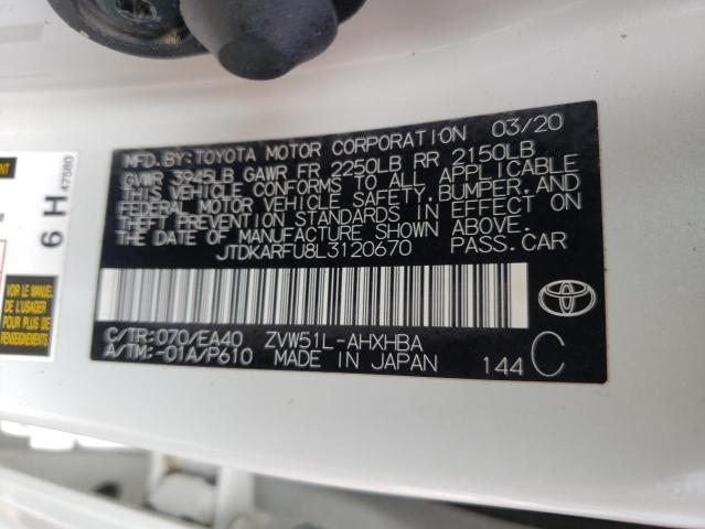 JTDKARFU8L3120670 - 2020 TOYOTA PRIUS L WHITE photo 10