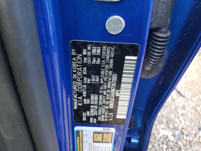 KNDEUCAA9N7307880 - 2022 KIA SELTOS S BLUE photo 10