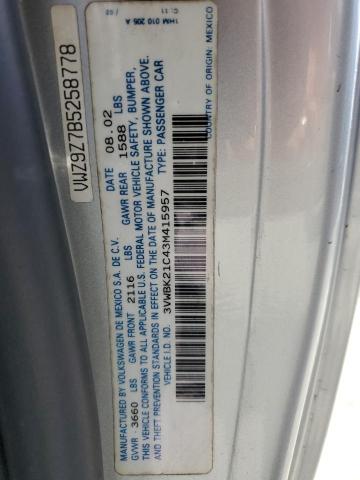 3VWBK21C43M415957 - 2003 VOLKSWAGEN NEW BEETLE 银色 照片 10