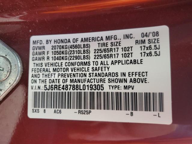 5J6RE48788L019305 - 2008 HONDA CR-V EXL RED photo 10