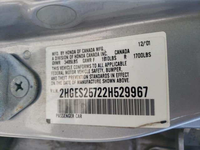 2HGES25722H529967 - 2002 HONDA CIVIC EX  photo 10