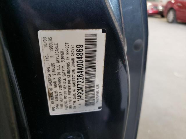 1HGCM72264A004869 - 2004 HONDA ACCORD LX GRAY photo 10