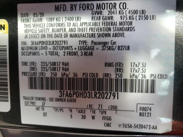 3FA6P0HD3LR202791 - 2020 FORD FUSION SE GRAY photo 10