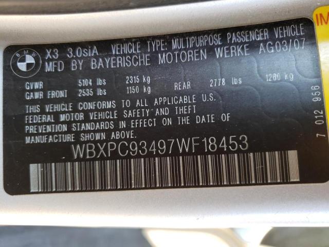 WBXPC93497WF18453 - 2007 BMW X3 SILVER photo 10