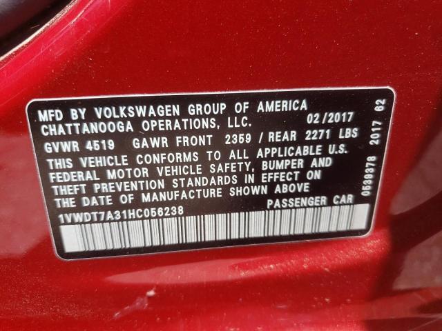 1VWDT7A31HC056238 - 2017 VOLKSWAGEN PASSAT R-L RED photo 10