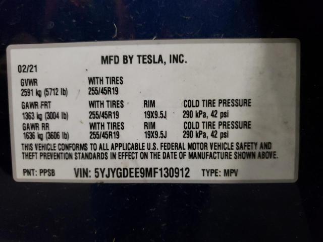 5YJYGDEE9MF130912 - 2021 TESLA MODEL Y BLUE photo 10