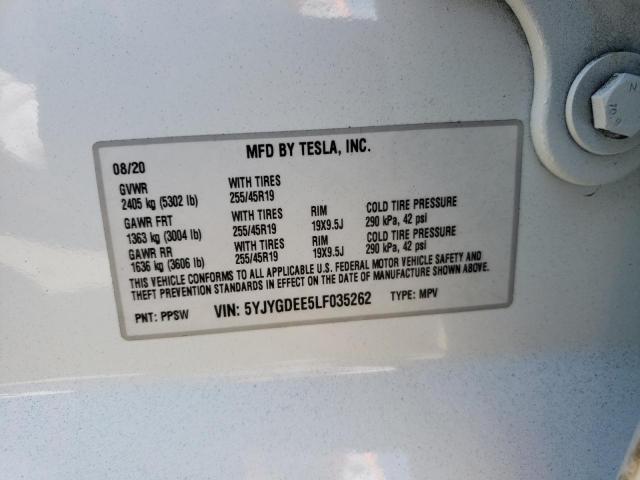 5YJYGDEE5LF035262 - 2020 TESLA MODEL Y Белый фото 10