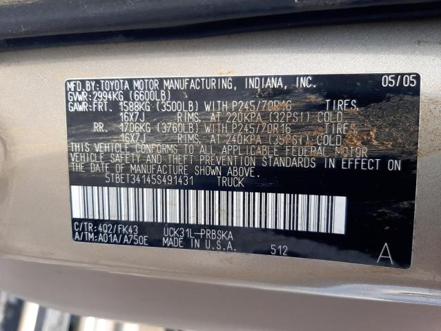 5TBET34145S491431 - 2005 TOYOTA TUNDRA DOUBLE CAB SR5  photo 10