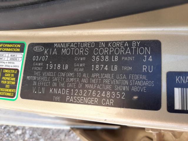 KNADE123276248352 - 2007 KIA RIO BASE GOLD photo 10