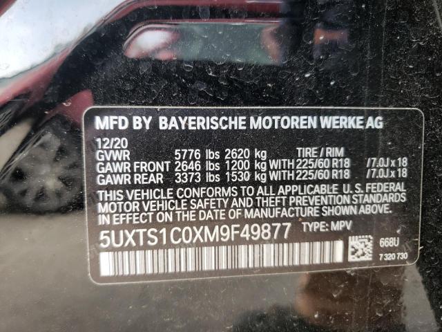5UXTS1C0XM9F49877 - 2021 BMW X3 XDRIVE3 BLACK photo 10