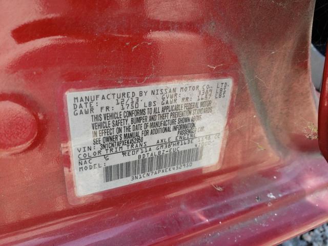 3N1CN7APXEK452950 - 2014 NISSAN VERSA S RED photo 10