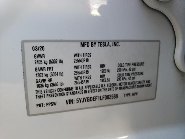 5YJYGDEF1LF002588 - 2020 TESLA MODEL Y أبيض صورة 10