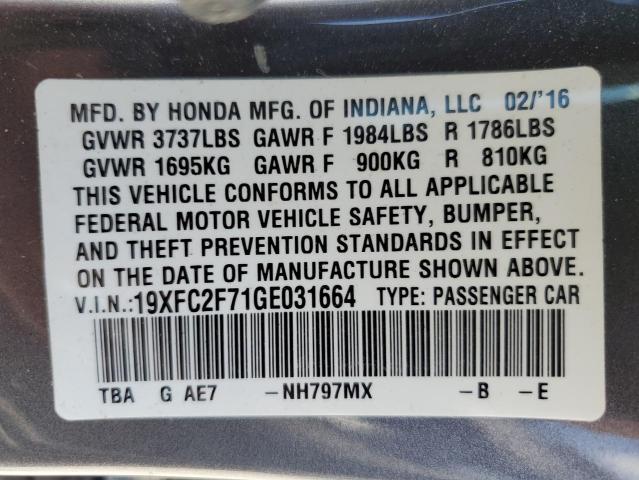 19XFC2F71GE031664 - 2016 HONDA CIVIC EX GRAY photo 10