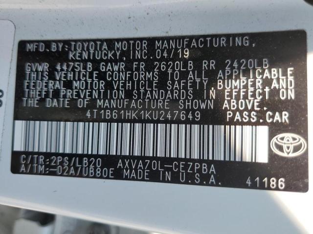 4T1B61HK1KU247649 - 2019 TOYOTA CAMRY XSE WHITE photo 10