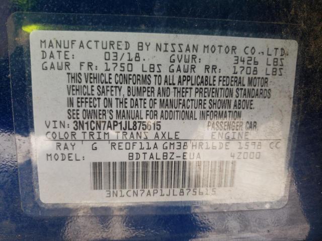 3N1CN7AP1JL875615 - 2018 NISSAN VERSA S  photo 10