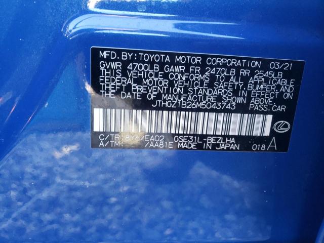 JTHGZ1B26M5043743 - 2021 LEXUS IS 350 F-S BLUE photo 10