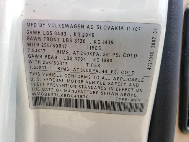 WVGBE77LX8D041870 - 2008 VOLKSWAGEN TOUAREG 2 SILVER photo 10