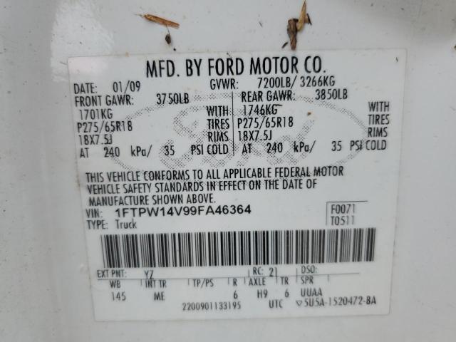 1FTPW14V99FA46364 - 2009 FORD F150 SUPER WHITE photo 10