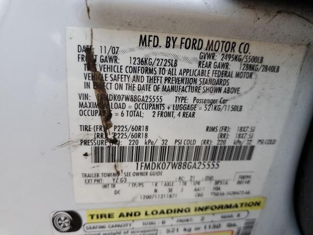 1FMDK07W88GA25555 - 2008 FORD TAURUS X E WHITE photo 10