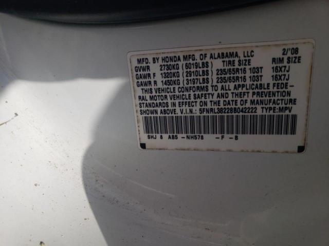 5FNRL38228B042222 - 2008 HONDA ODYSSEY LX WHITE photo 10